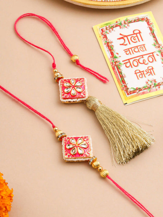NVR Set of 2 Handmade Pink Kundan Studded Bhaiya Bhabhi Rakhi Set with Roli Chawal Chandan & Mishri - Swadesiicart