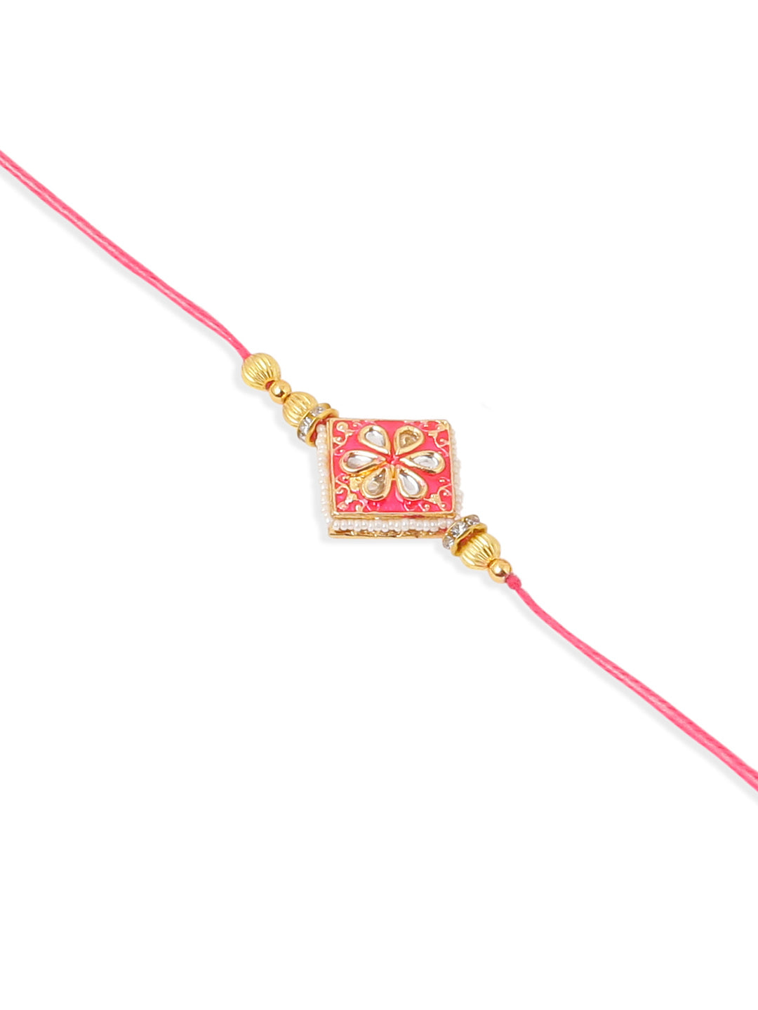 NVR Set of 2 Handmade Pink Kundan Studded Bhaiya Bhabhi Rakhi Set with Roli Chawal Chandan & Mishri - Swadesiicart