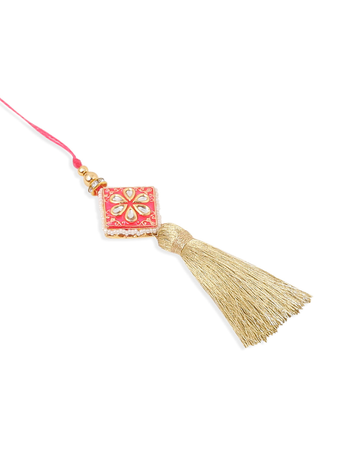 NVR Set of 2 Handmade Pink Kundan Studded Bhaiya Bhabhi Rakhi Set with Roli Chawal Chandan & Mishri - Swadesiicart