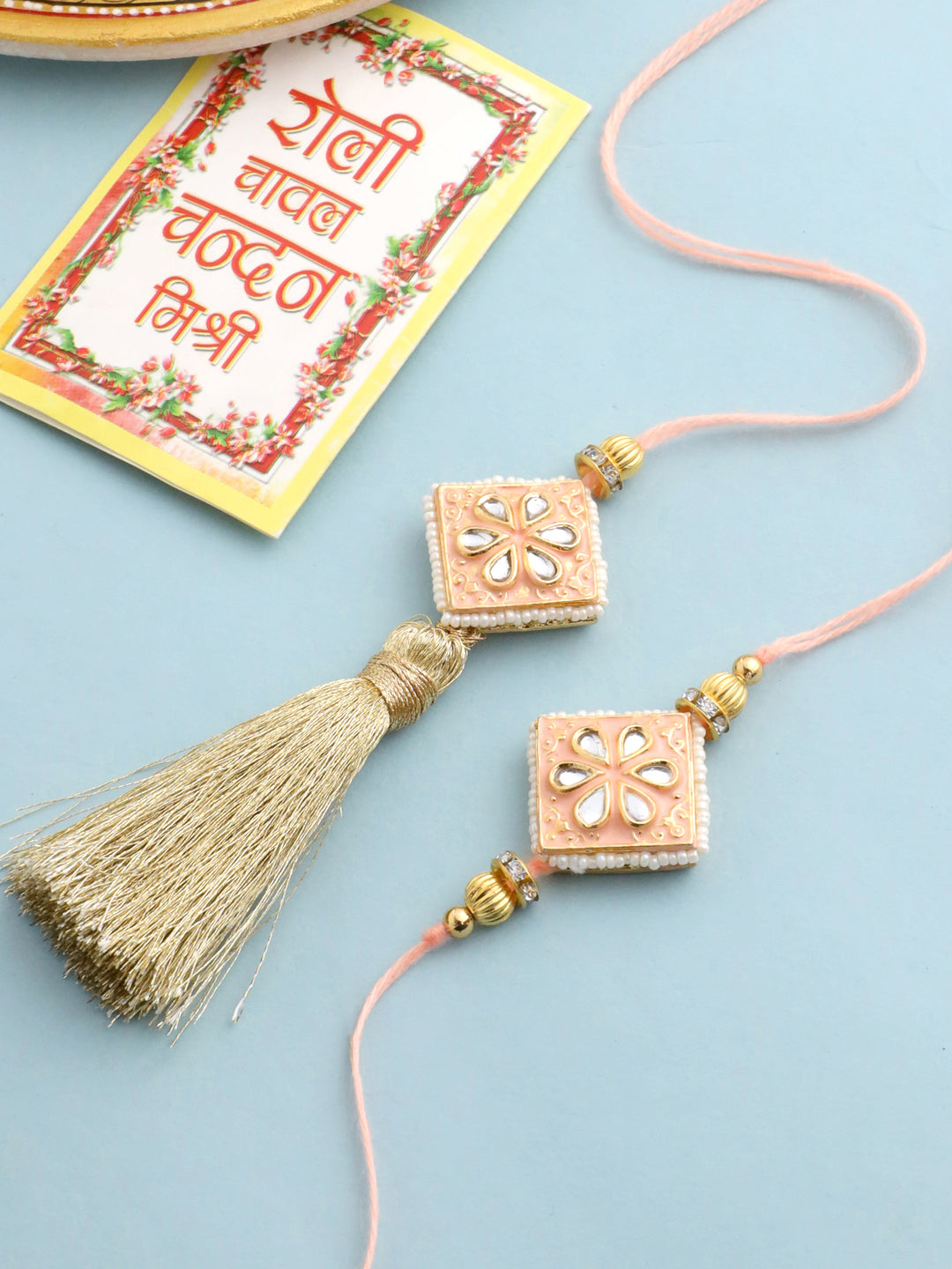 NVR Set of 2 Handmade Peach Kundan Studded Bhaiya Bhabhi Rakhi Set with Roli Chawal Chandan & Mishri - Swadesiicart
