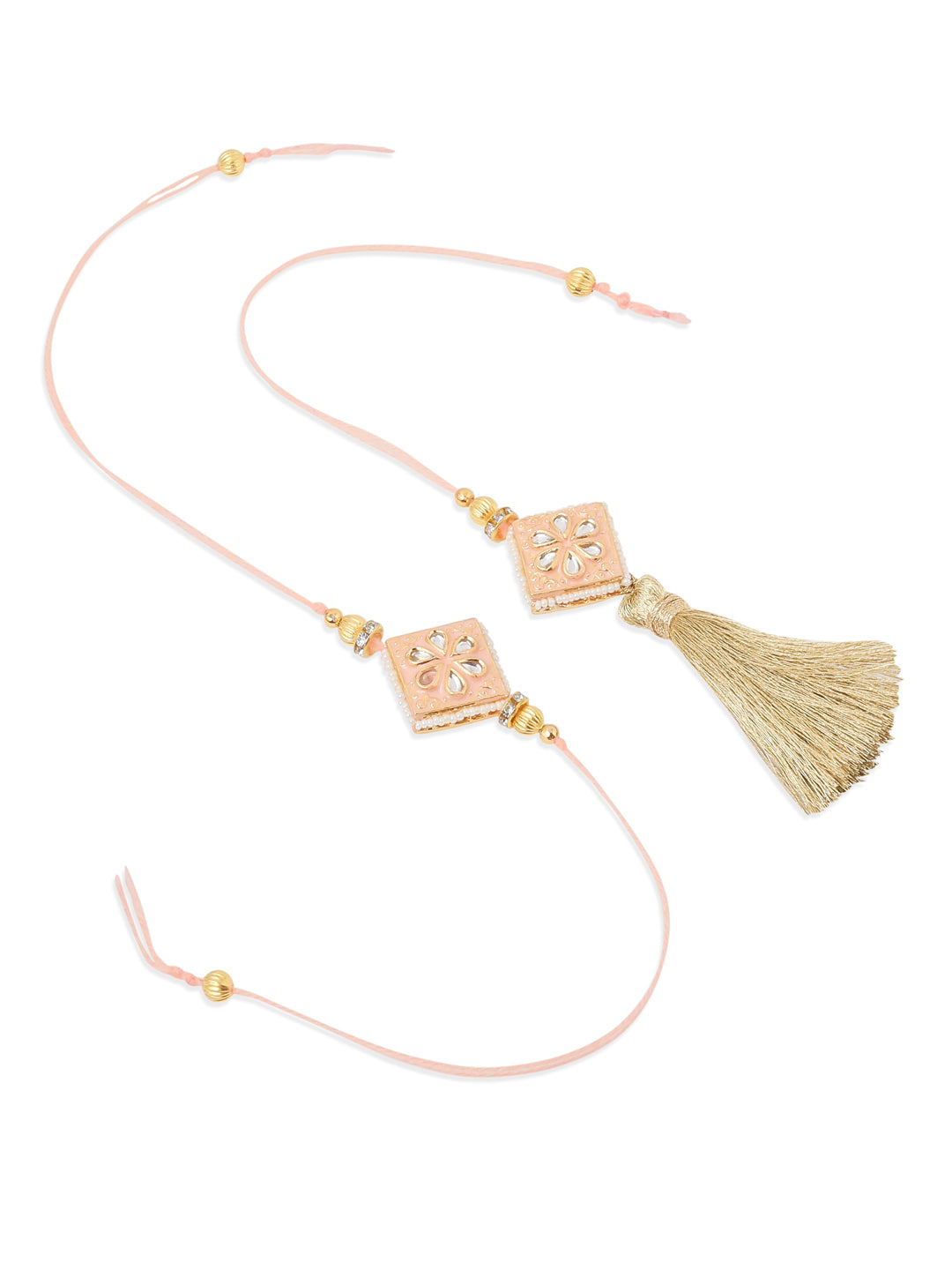 NVR Set of 2 Handmade Peach Kundan Studded Bhaiya Bhabhi Rakhi Set with Roli Chawal Chandan & Mishri - Swadesiicart