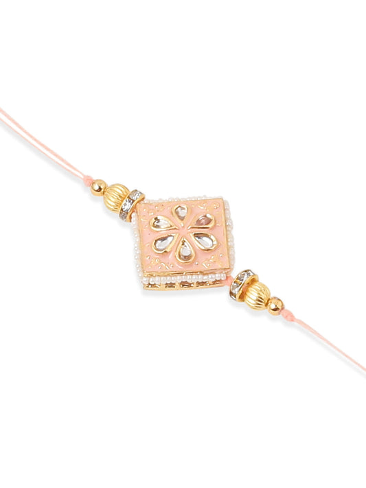 NVR Set of 2 Handmade Peach Kundan Studded Bhaiya Bhabhi Rakhi Set with Roli Chawal Chandan & Mishri - Swadesiicart