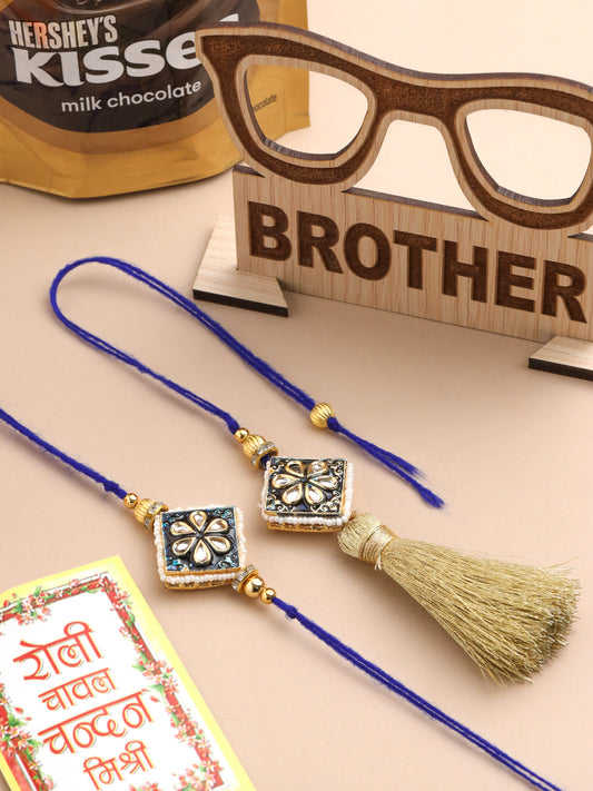 NVR Set of 2 Handmade Blue Kundan Studded Bhaiya Bhabhi Rakhi Set, Combo for Rakshabandhan | Swadesiicart