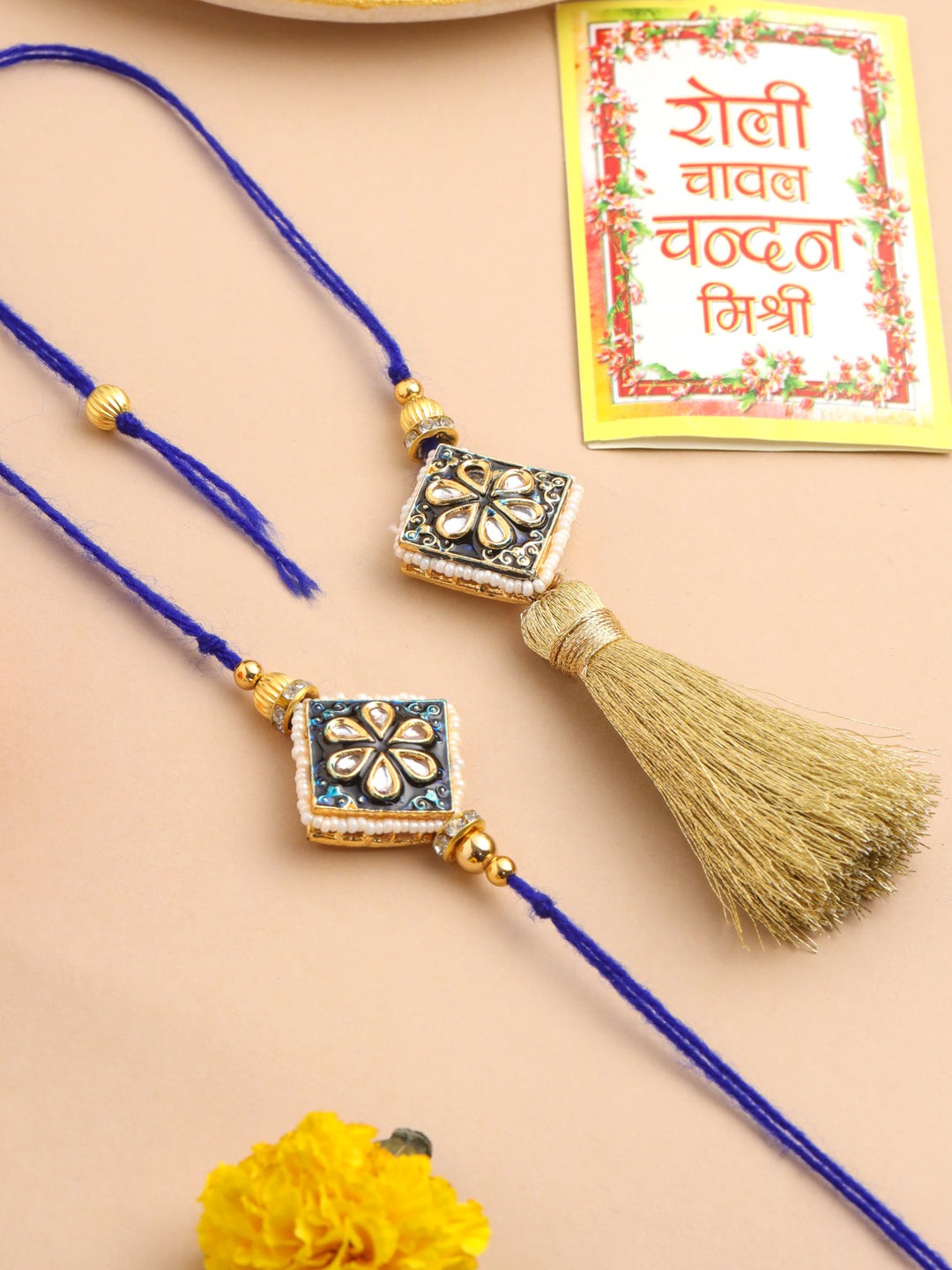 NVR Set of 2 Handmade Blue Kundan Studded Bhaiya Bhabhi Rakhi Set with Roli Chawal Chandan & Mishri - Swadesiicart