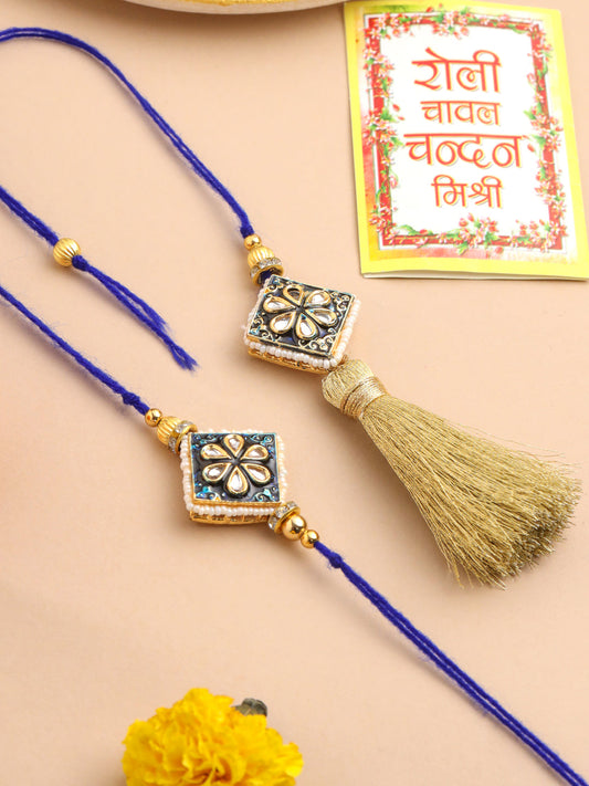 NVR Set of 2 Handmade Blue Kundan Studded Bhaiya Bhabhi Rakhi Set with Roli Chawal Chandan & Mishri - Swadesiicart