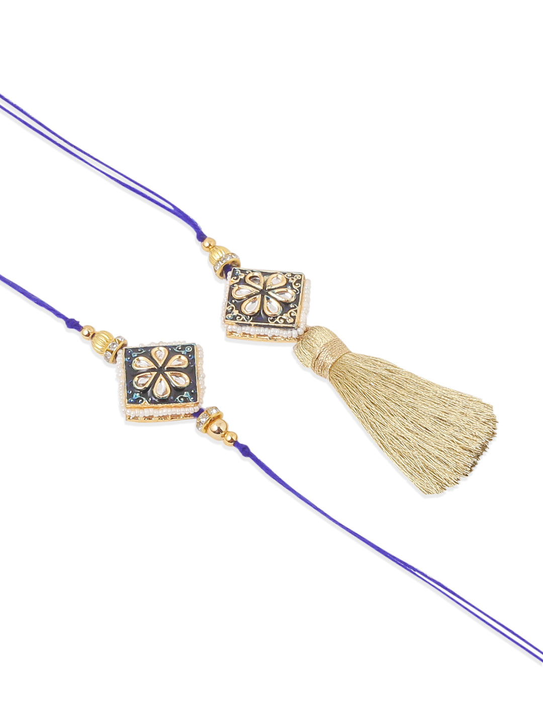 NVR Set of 2 Handmade Blue Kundan Studded Bhaiya Bhabhi Rakhi Set with Roli Chawal Chandan & Mishri - Swadesiicart