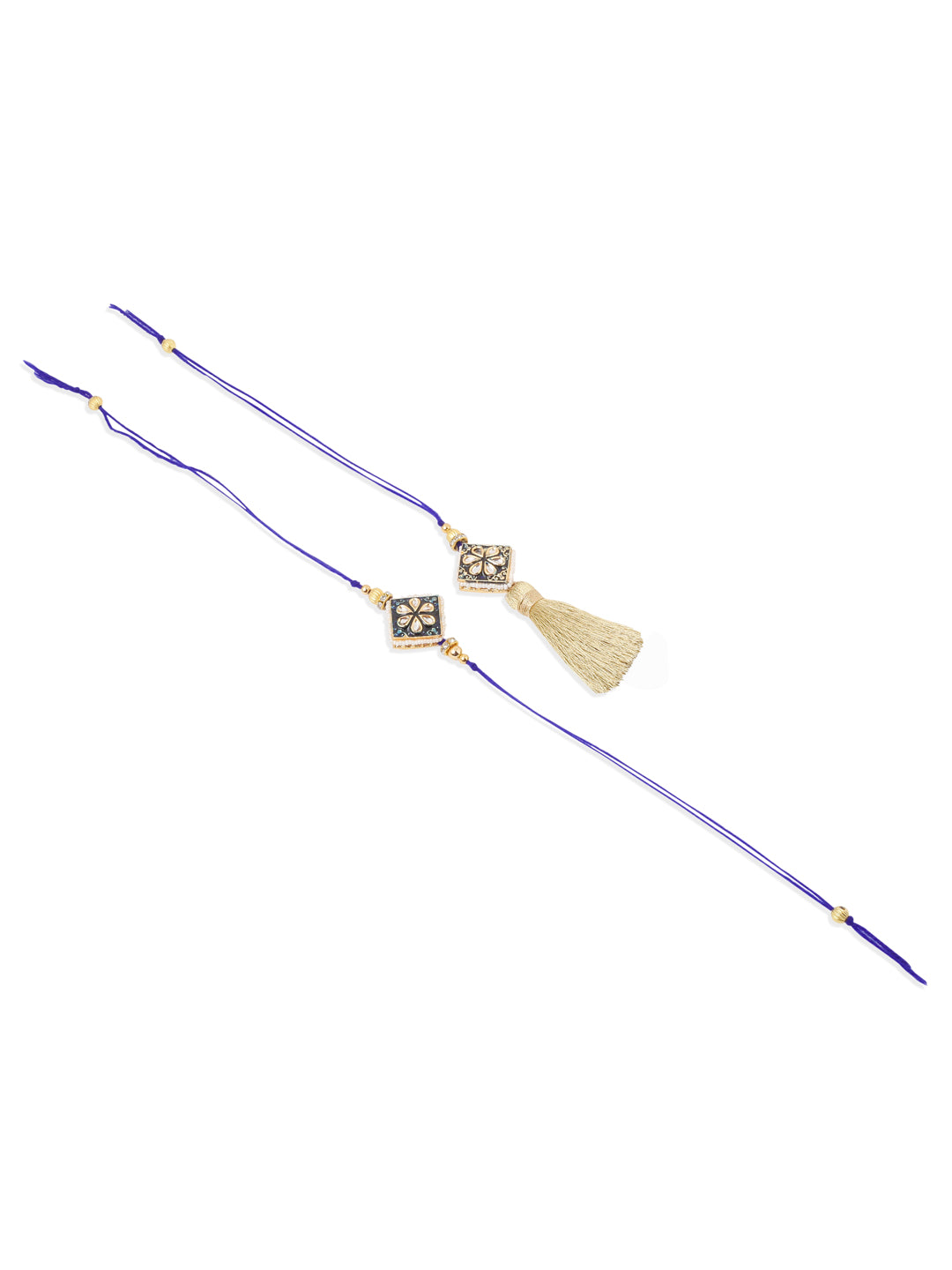NVR Set of 2 Handmade Blue Kundan Studded Bhaiya Bhabhi Rakhi Set with Roli Chawal Chandan & Mishri - Swadesiicart