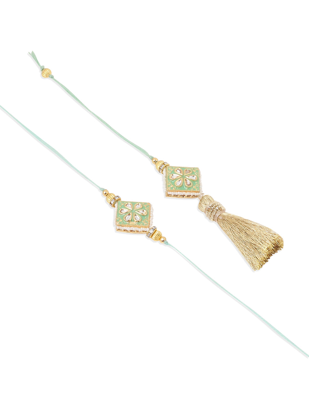 NVR Set of 2 Handmade Sea Green Kundan Studded Bhaiya Bhabhi Rakhi Combo | Swadesiicart
