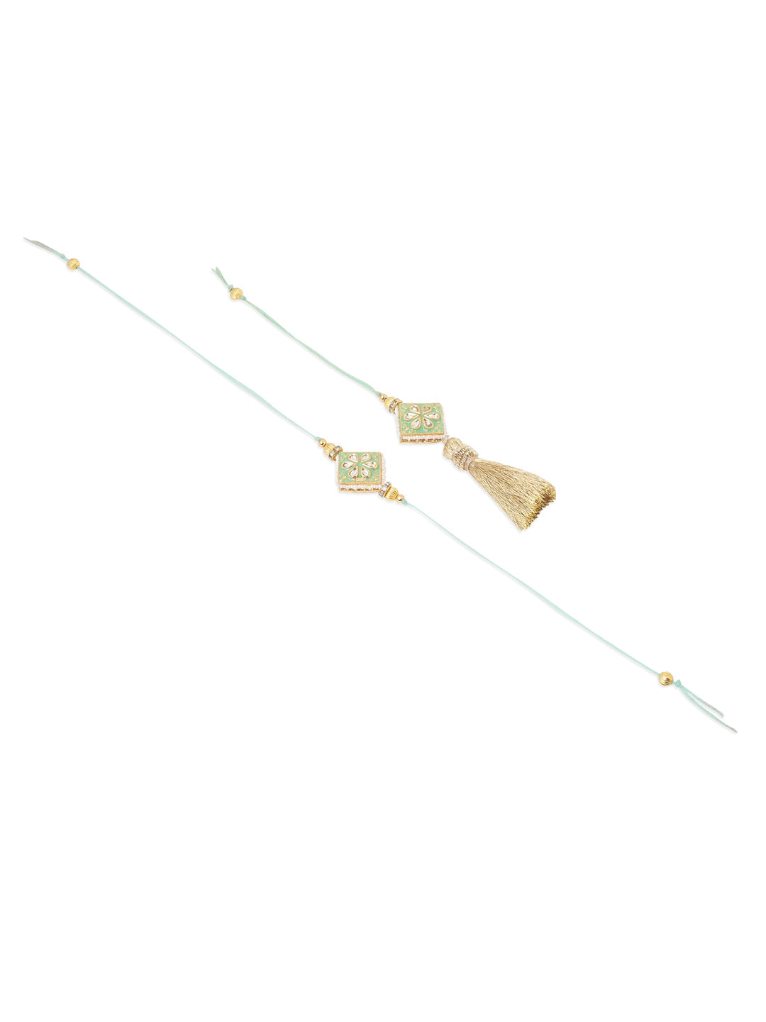 NVR Set of 2 Handmade Sea Green Kundan Studded Bhaiya Bhabhi Rakhi Combo | Swadesiicart