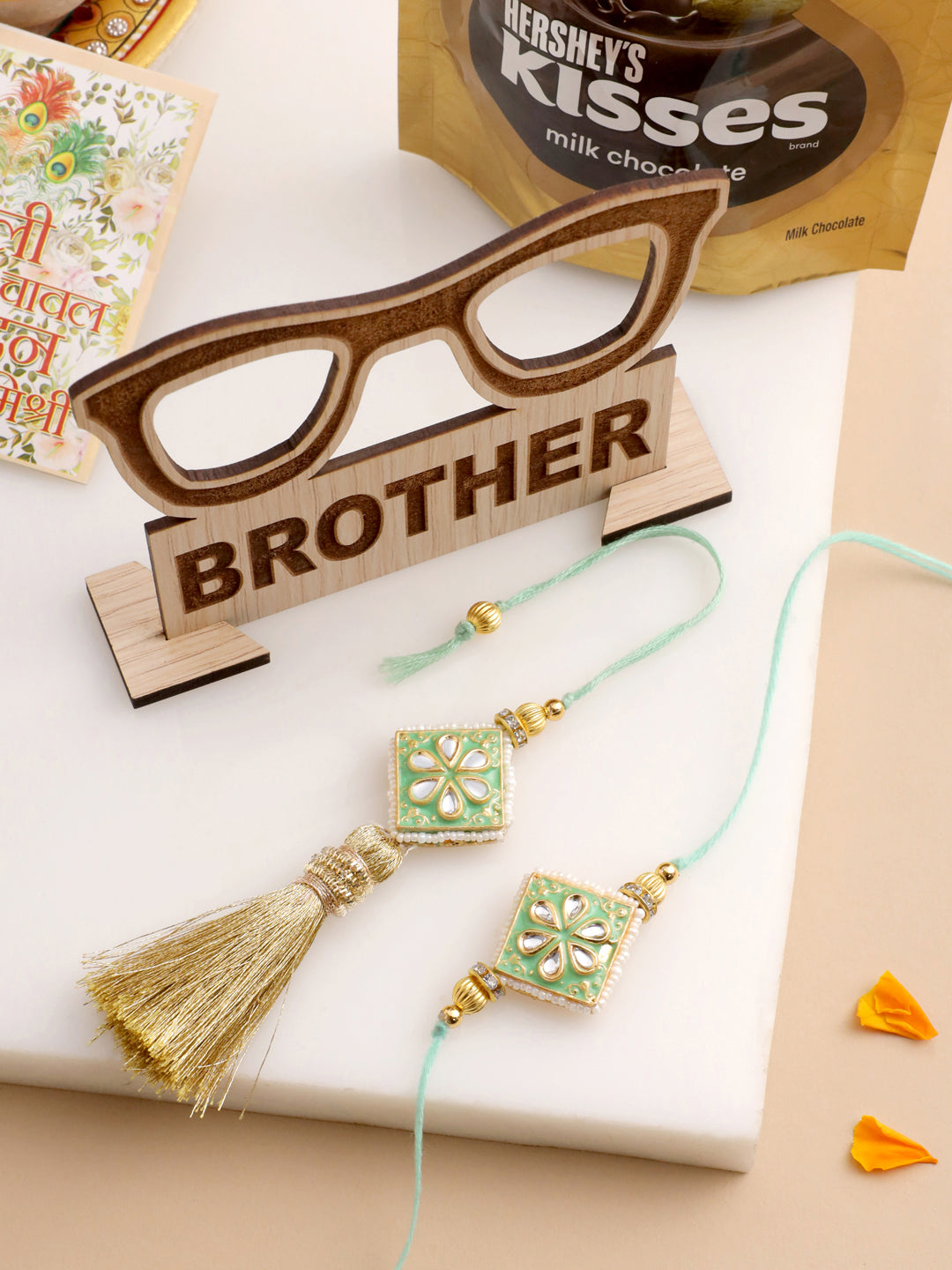 NVR Set of 2 Handmade Sea Green Kundan Studded Bhaiya Bhabhi Rakhi Combo | Swadesiicart