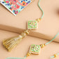 NVR Set of 2 Handmade Sea Green Kundan Studded Bhaiya Bhabhi Rakhi Set with Roli Chawal Chandan & Mishri - Swadesiicart