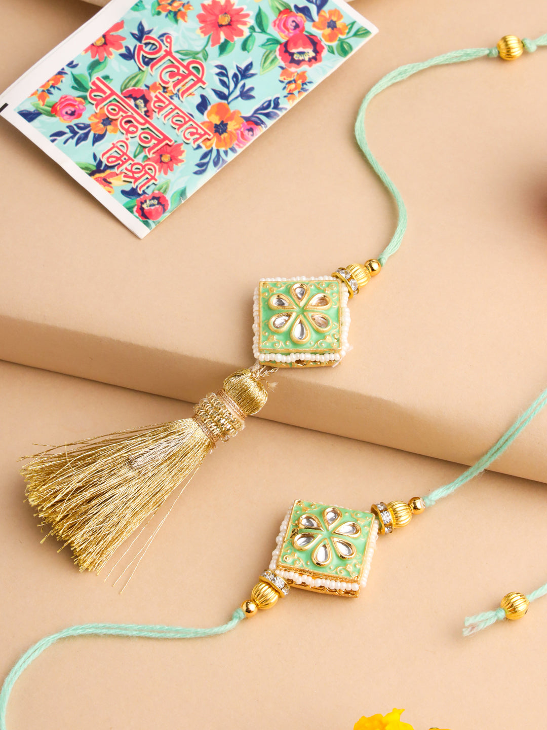 NVR Set of 2 Handmade Sea Green Kundan Studded Bhaiya Bhabhi Rakhi Set with Roli Chawal Chandan & Mishri - Swadesiicart