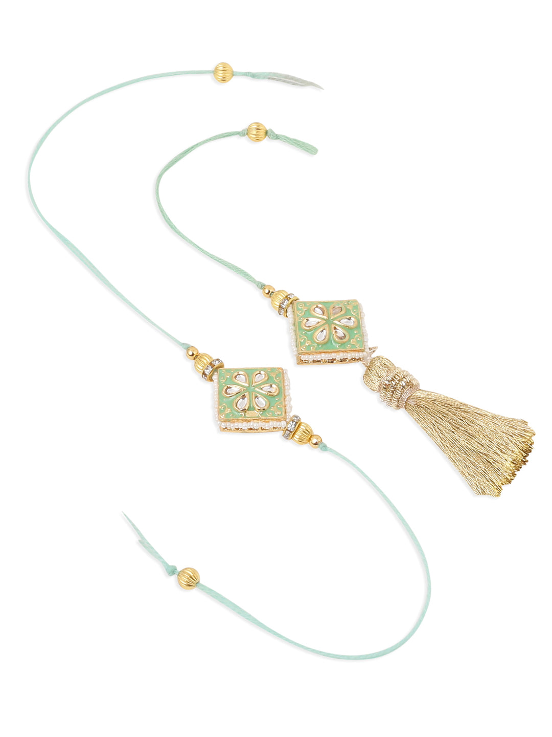 NVR Set of 2 Handmade Sea Green Kundan Studded Bhaiya Bhabhi Rakhi Set with Roli Chawal Chandan & Mishri - Swadesiicart