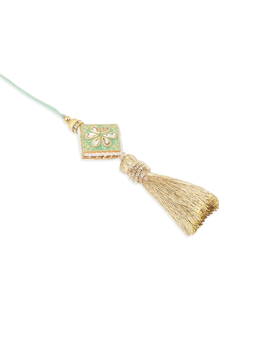 NVR Set of 2 Handmade Sea Green Kundan Studded Bhaiya Bhabhi Rakhi Set with Roli Chawal Chandan & Mishri - Swadesiicart