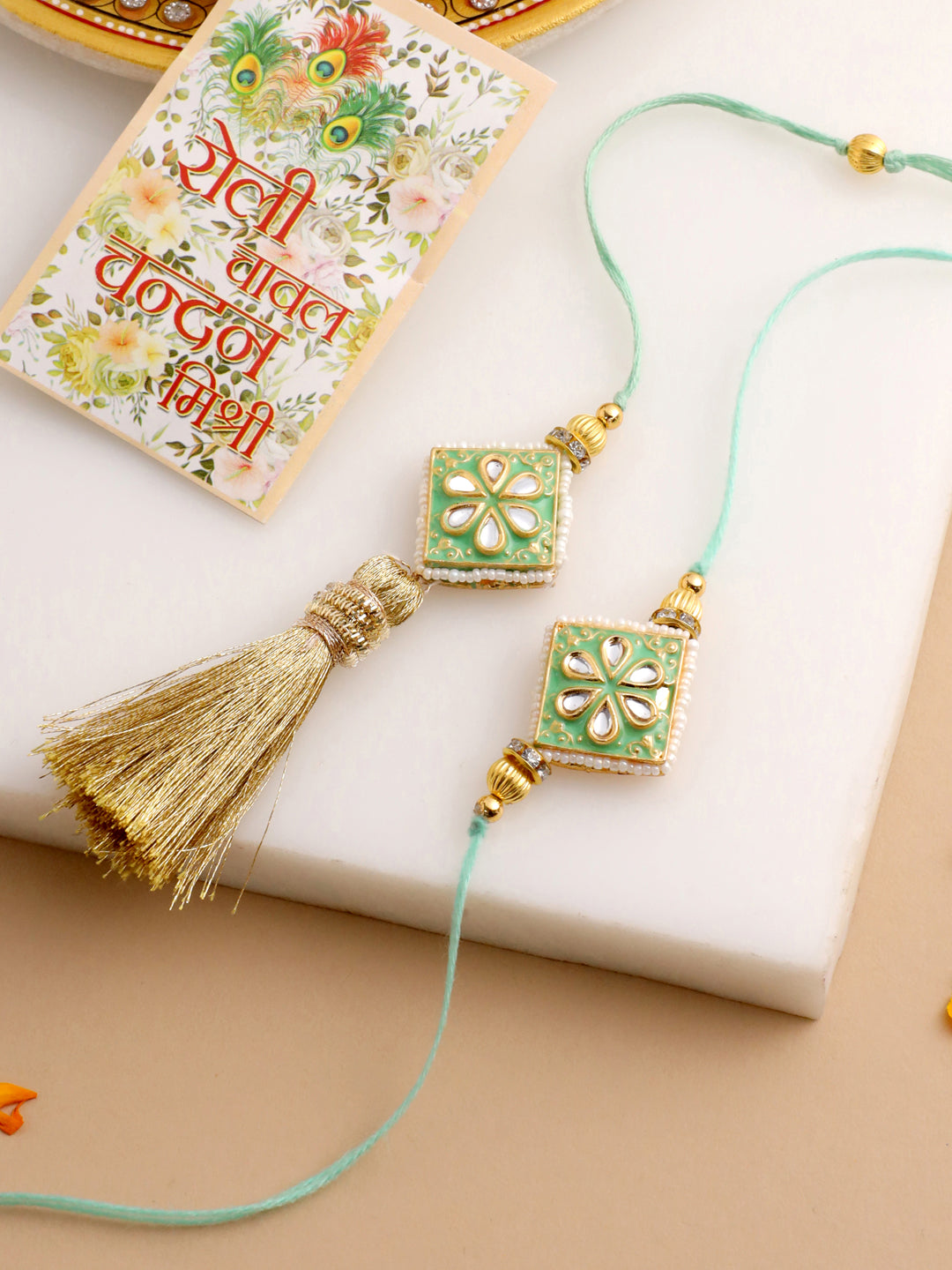 NVR Set of 2 Handmade Sea Green Kundan Studded Bhaiya Bhabhi Rakhi Set with Roli Chawal Chandan & Mishri - Swadesiicart