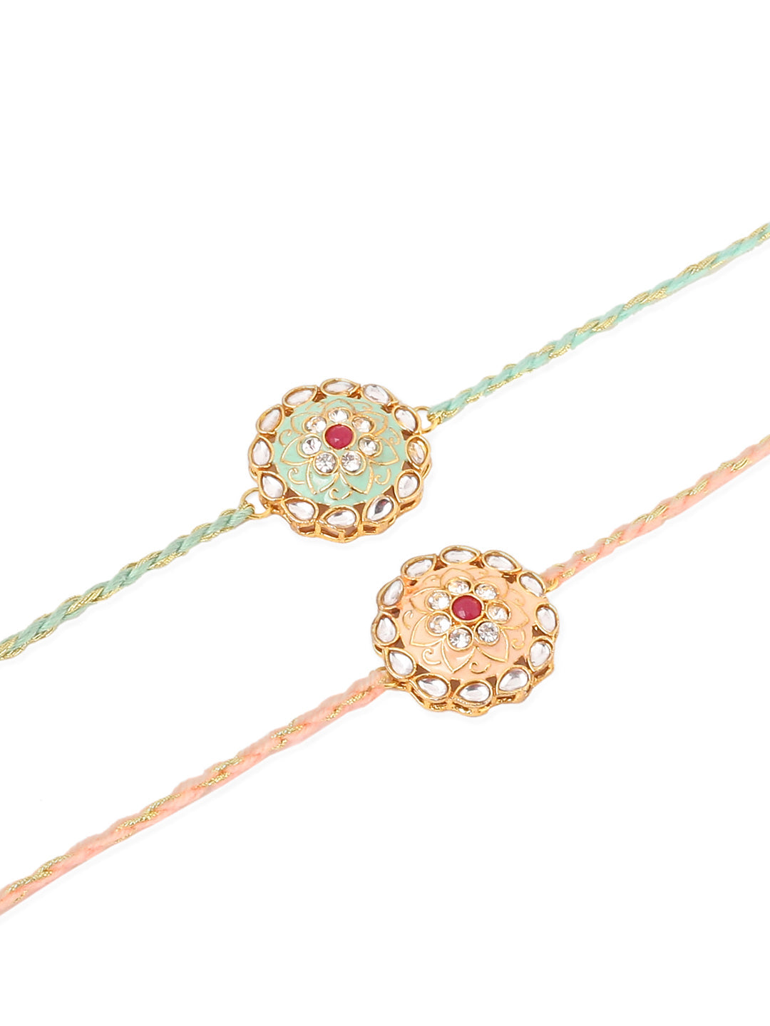NVR Men Set of 2 Peach & Green Kundan Studded Round Floral Design Rakhi Combo | Swadesiicart