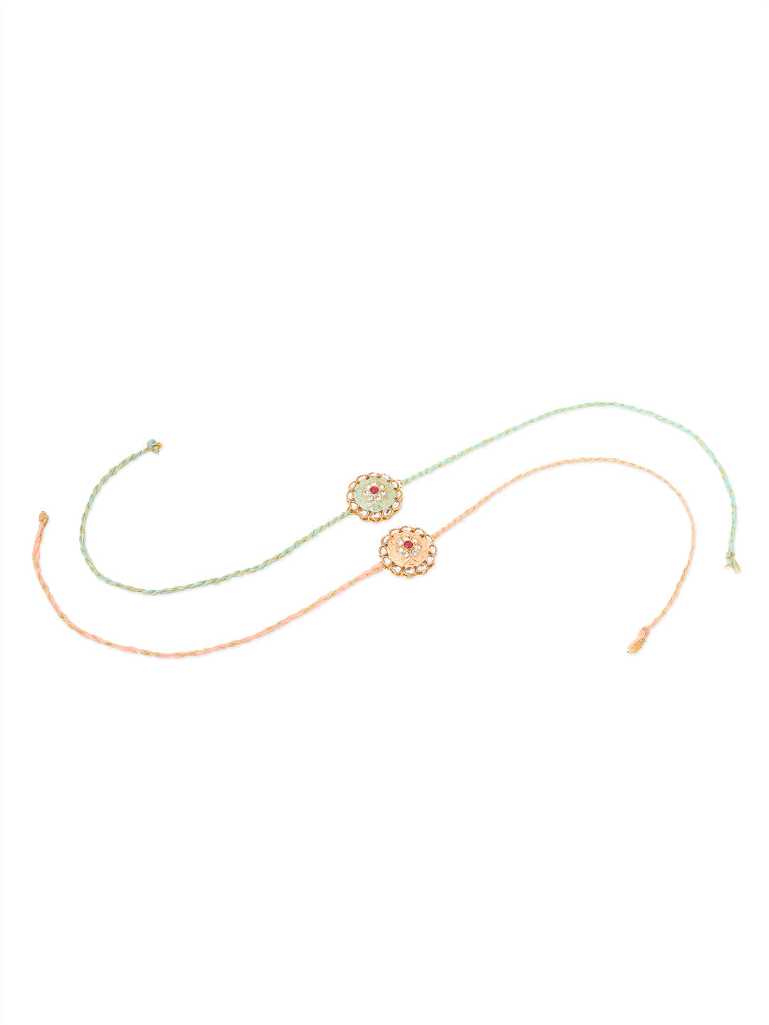 NVR Men Set of 2 Peach & Green Kundan Studded Round Floral Design Rakhi Combo | Swadesiicart
