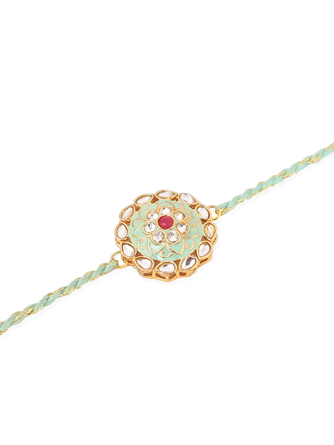 NVR Men Set of 2 Peach & Green Kundan Studded Round Floral Design Rakhi Combo | Swadesiicart