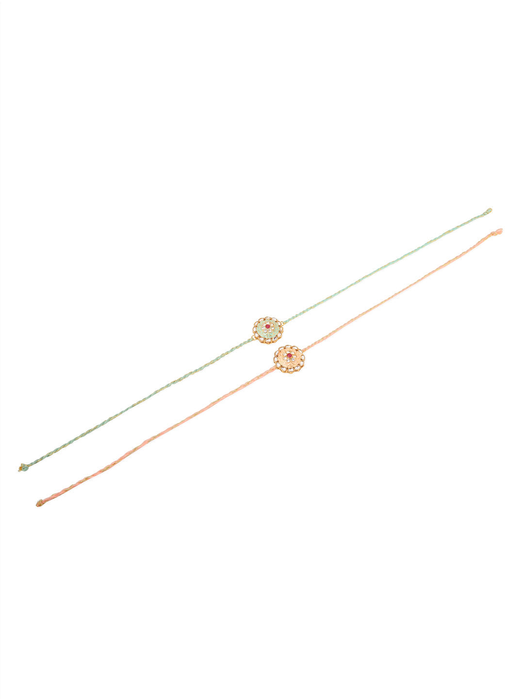 NVR Men Set of 2 Peach & Green Kundan Studded Round Floral Design Rakhi Combo | Swadesiicart