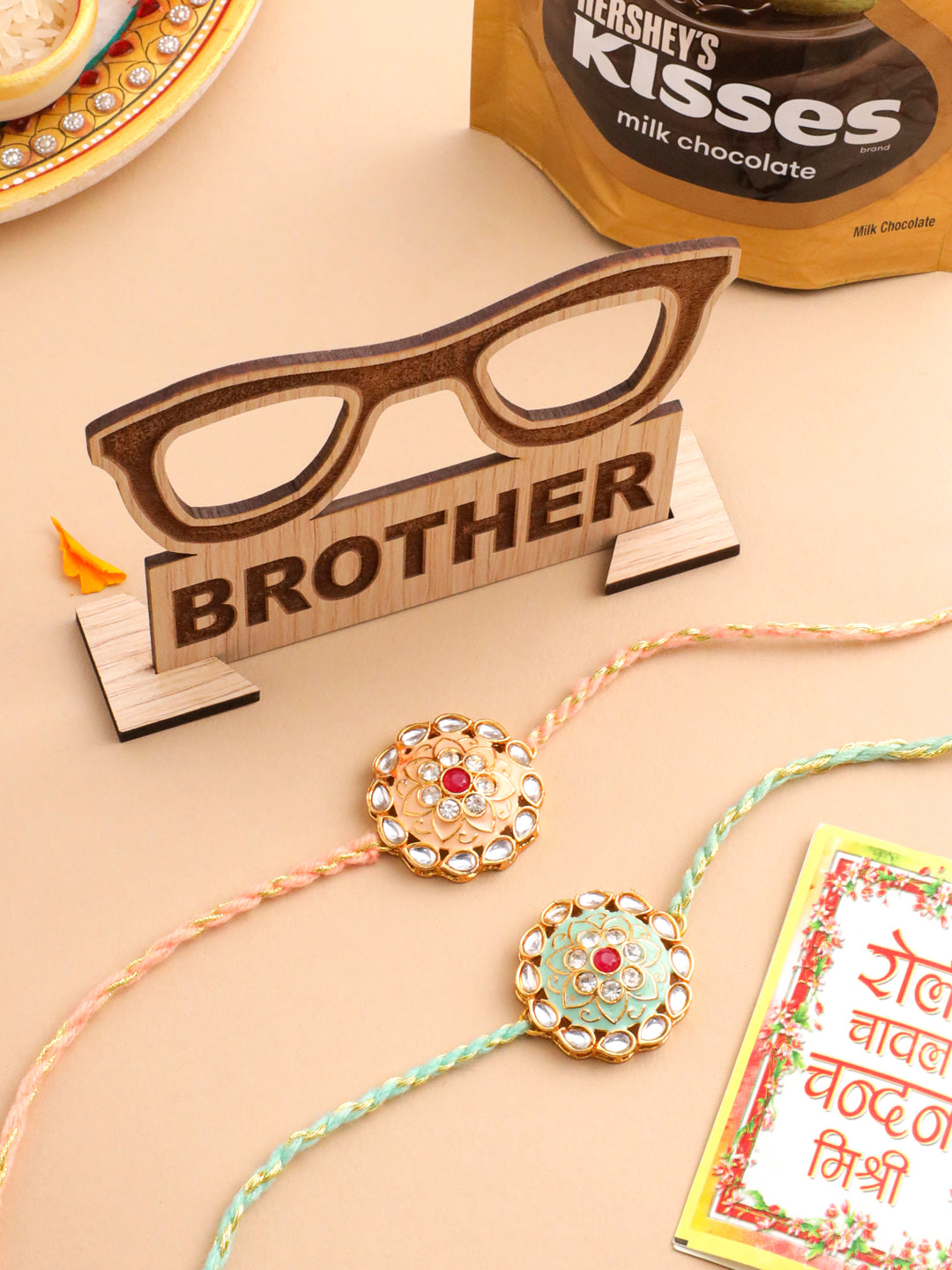 NVR Men Set of 2 Peach & Green Kundan Studded Round Floral Design Rakhi Combo | Swadesiicart