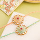 NVR Men Set of 2 Peach & Green Kundan Studded Round Floral Design Rakhi with Roli Chawal Chandan & Mishri - Swadesiicart