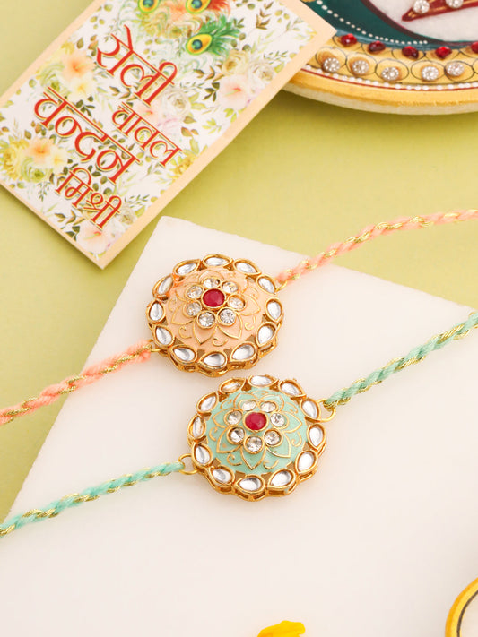 NVR Men Set of 2 Peach & Green Kundan Studded Round Floral Design Rakhi with Roli Chawal Chandan & Mishri - Swadesiicart