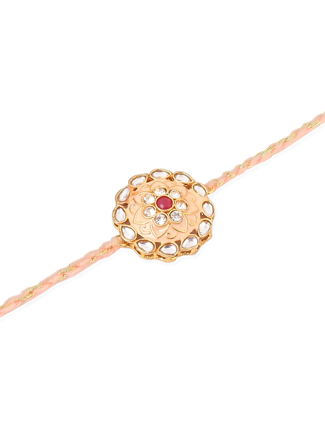 NVR Men Set of 2 Peach & Green Kundan Studded Round Floral Design Rakhi with Roli Chawal Chandan & Mishri - Swadesiicart