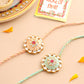 NVR Men Set of 2 Peach & Green Kundan Studded Round Floral Design Rakhi with Roli Chawal Chandan & Mishri - Swadesiicart