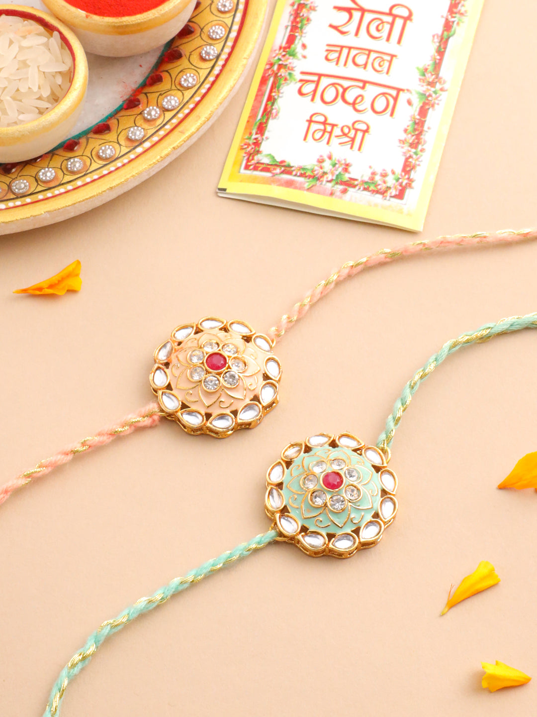NVR Men Set of 2 Peach & Green Kundan Studded Round Floral Design Rakhi with Roli Chawal Chandan & Mishri - Swadesiicart