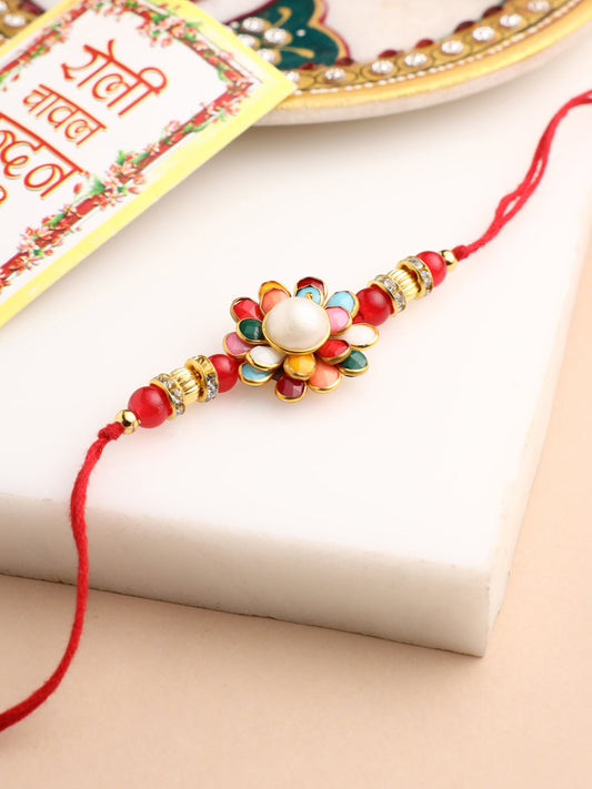 NVR Men Multicolor Beads & Pearls Floral Design Thread Rakhi Roli Chawal Chandan & Mishri - Swadesiicart