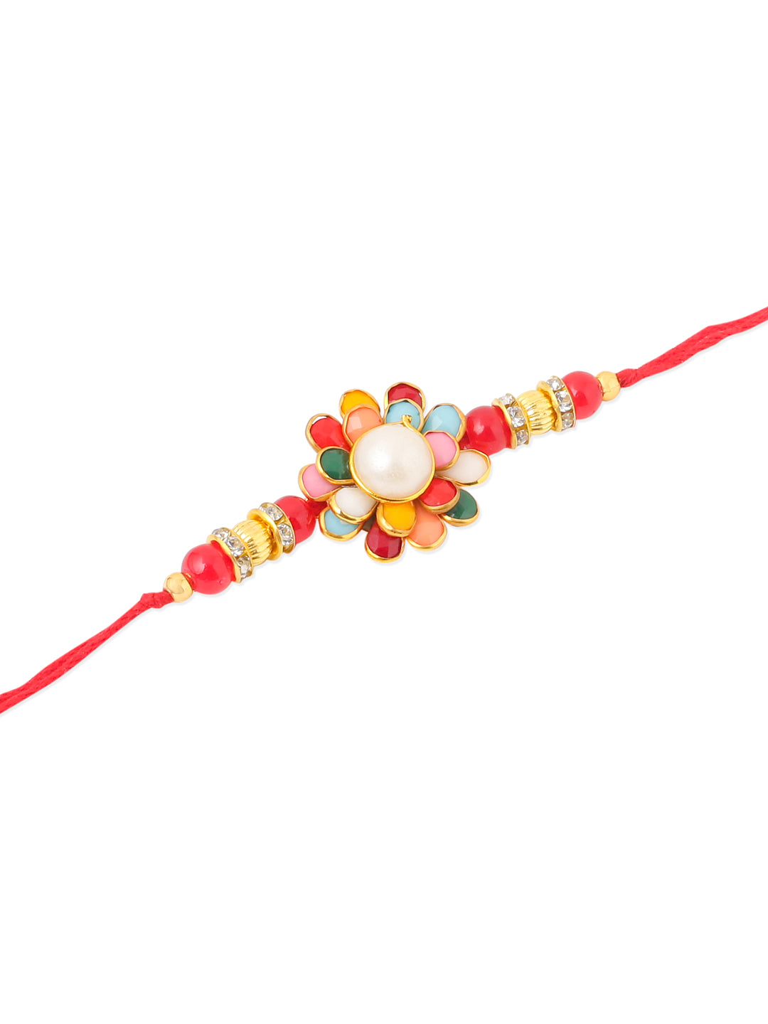 NVR Men Multicolor Beads & Pearls Floral Design Thread Rakhi Roli Chawal Chandan & Mishri - Swadesiicart
