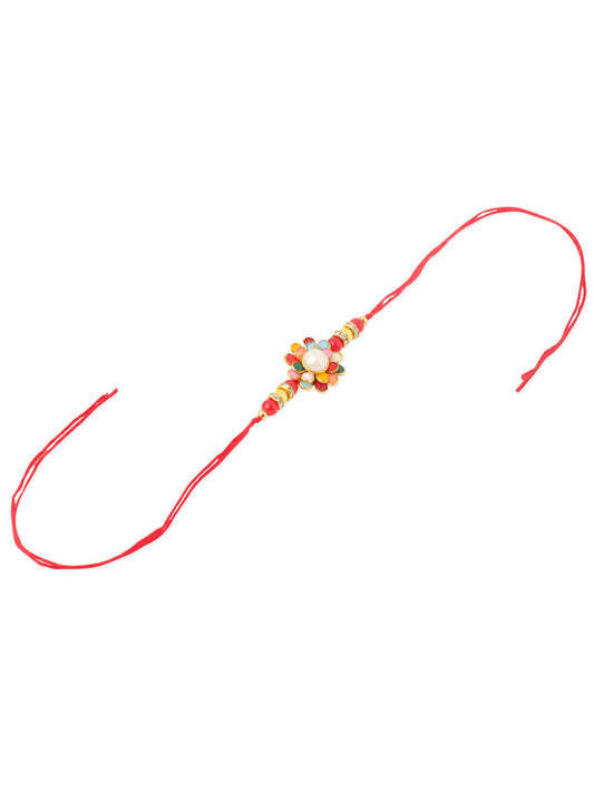 NVR Men Multicolor Beads & Pearls Floral Design Thread Rakhi Roli Chawal Chandan & Mishri - Swadesiicart