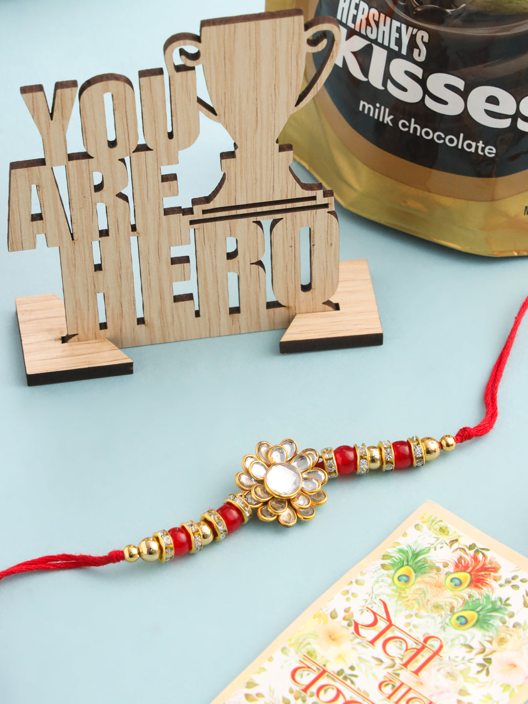 NVR Men's Red Kundan Studded Floral Design Thread Rakhi, Combo for Rakshabandhan | Swadesiicart