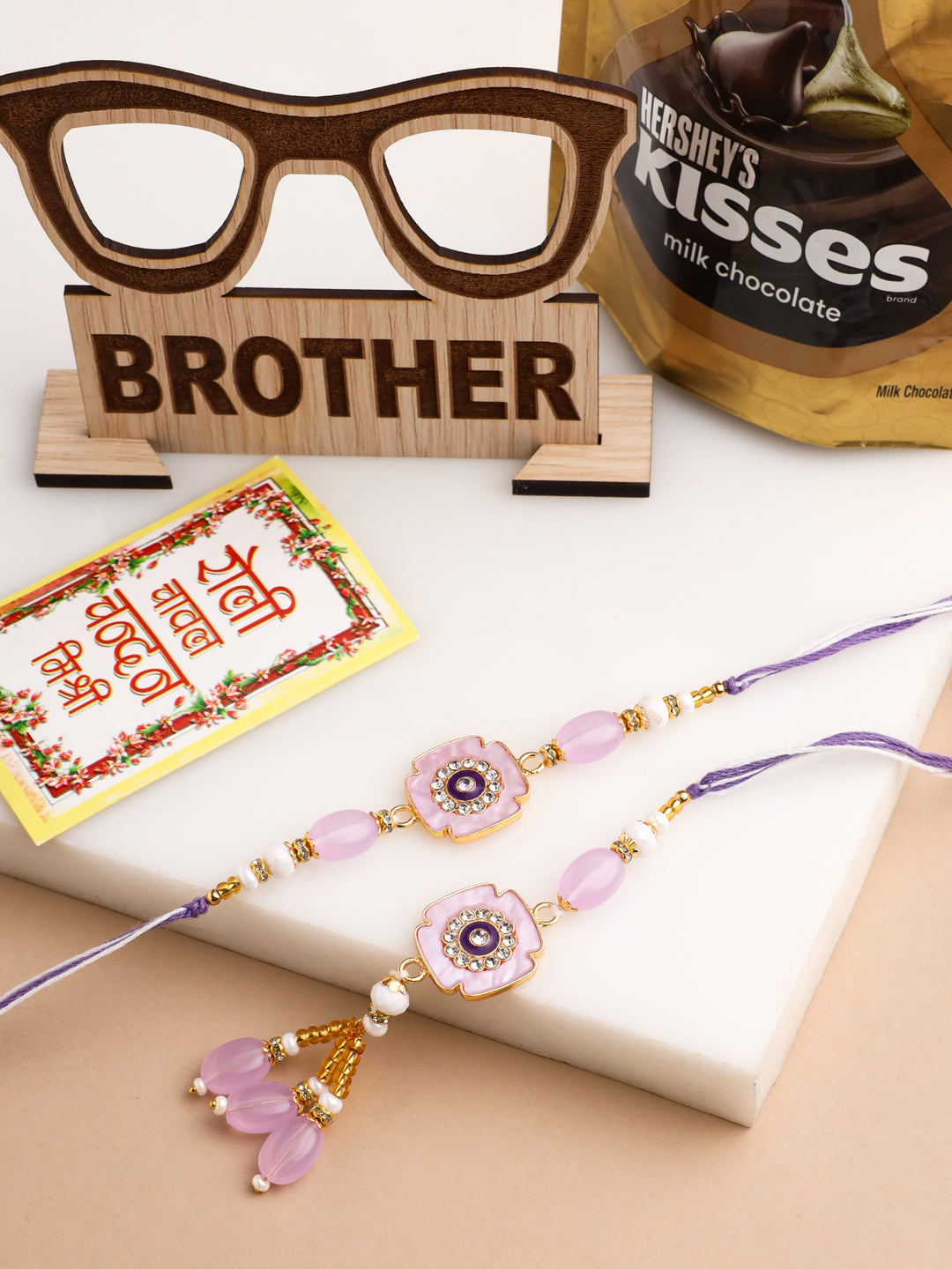 NVR Set of 2 Purple Artificial Stones & Beads Floral Design Thread Bhaiya Bhabhi Rakhi Combo | Swadesiicart