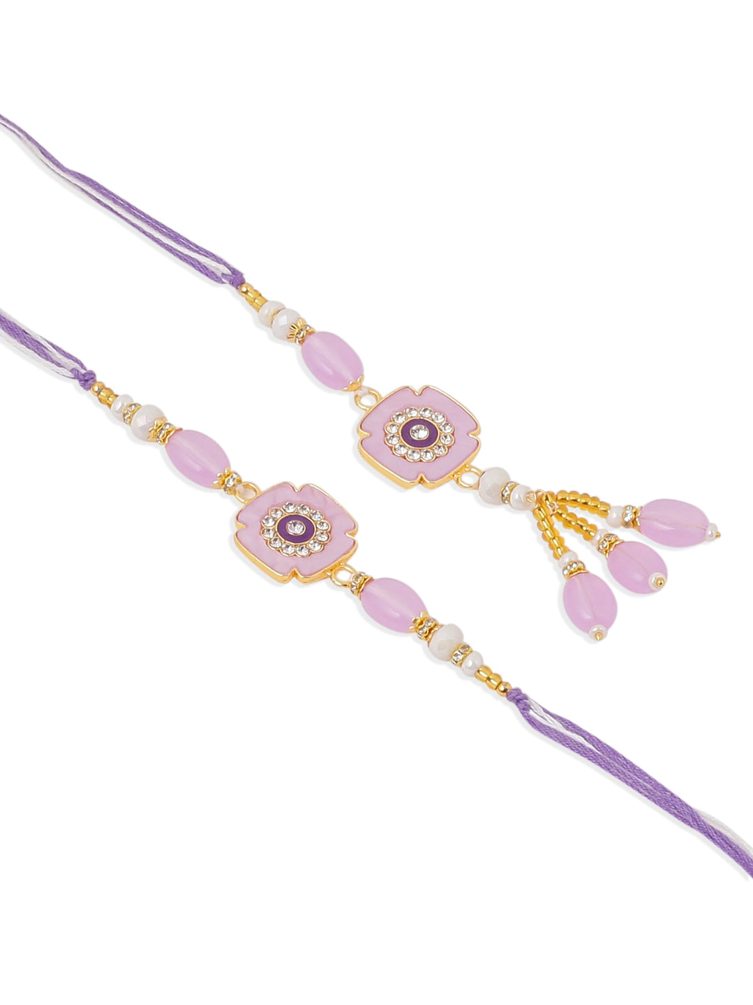 NVR Set of 2 Purple Artificial Stones & Beads Floral Design Thread Bhaiya Bhabhi Rakhi with Roli Chawal Chandan & Mishri | Swadesiicart