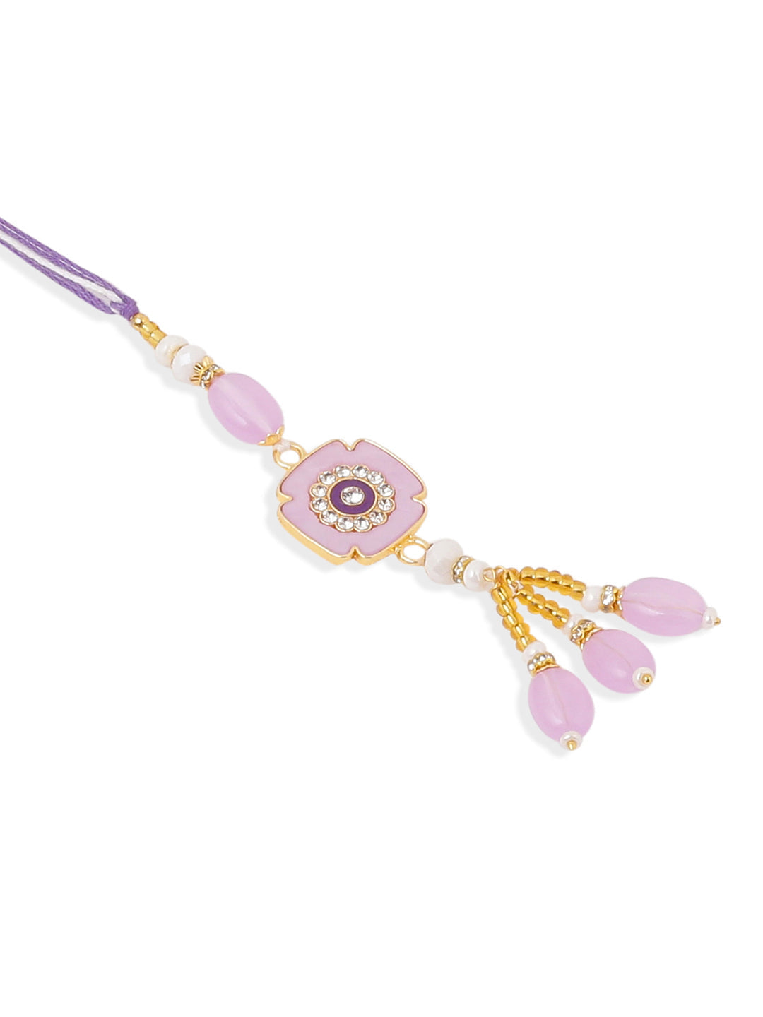 NVR Set of 2 Purple Artificial Stones & Beads Floral Design Thread Bhaiya Bhabhi Rakhi with Roli Chawal Chandan & Mishri | Swadesiicart