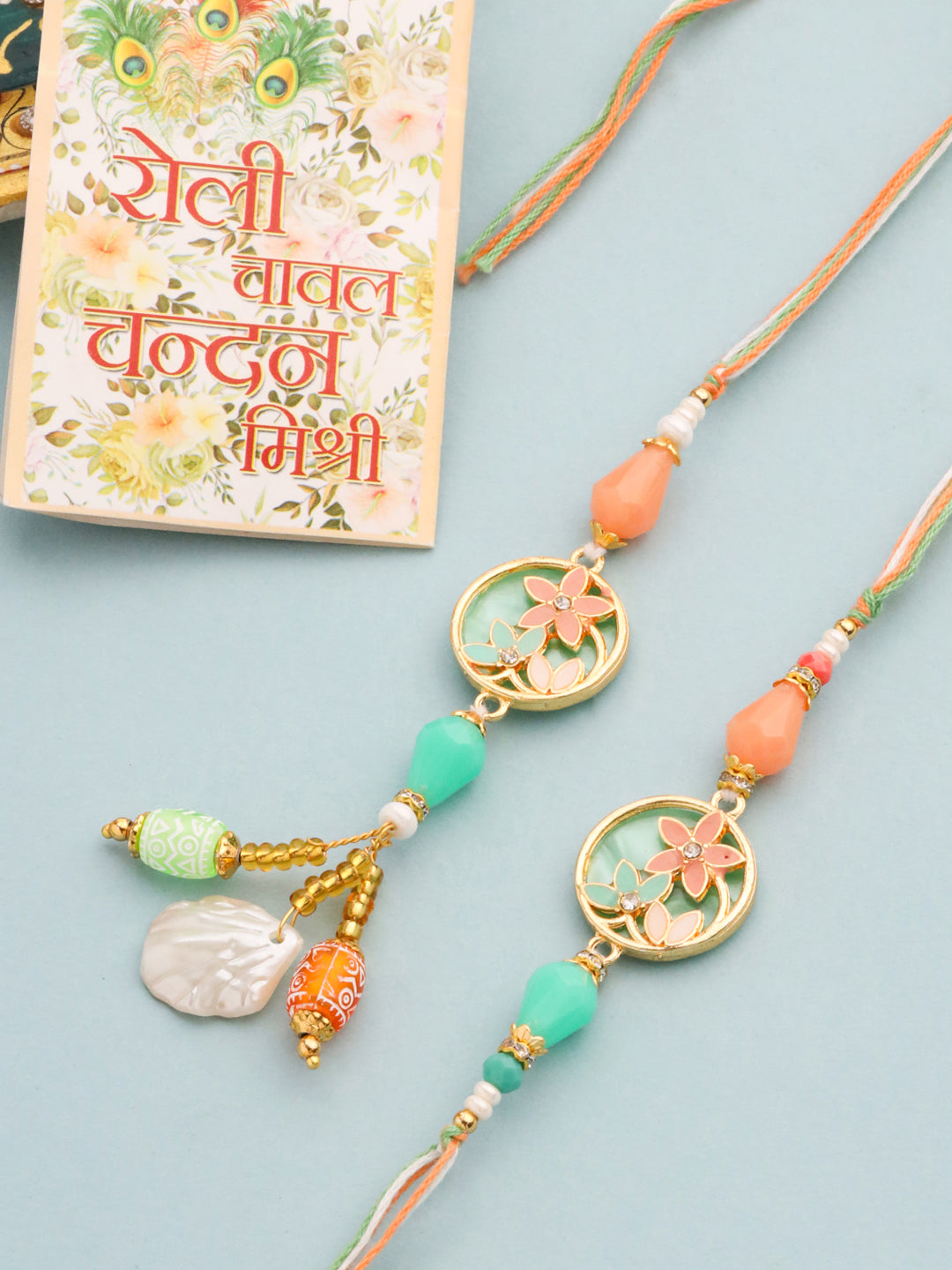 NVR Set of 2 Multicolor Artificial Beads Traditional Bhaiya Bhabhi Pair Rakhi Set with Roli Chawal Chandan & Mishri | Swadesiicart