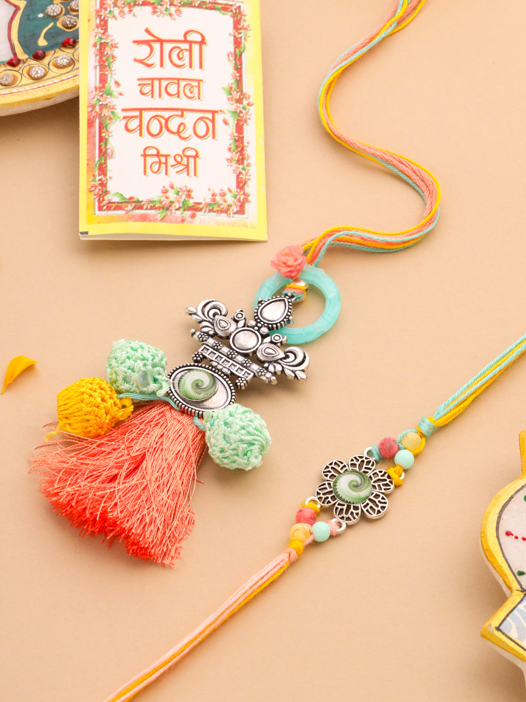 NVR Set of 2 Artificial Beads Traditional Bhaiya Bhabhi Pair Rakhi Set with Roli Chawal Chandan & Mishri | Swadesiicart