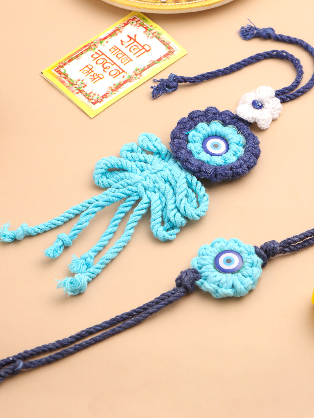 NVR Set of 2 Blue Evil Eye Floral Bhaiya Bhabhi Rakhi With Roli Chawal Chandan & Mishri | Swadesiicart