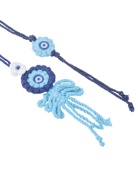 NVR Set of 2 Blue Evil Eye Floral Bhaiya Bhabhi Rakhi With Roli Chawal Chandan & Mishri | Swadesiicart