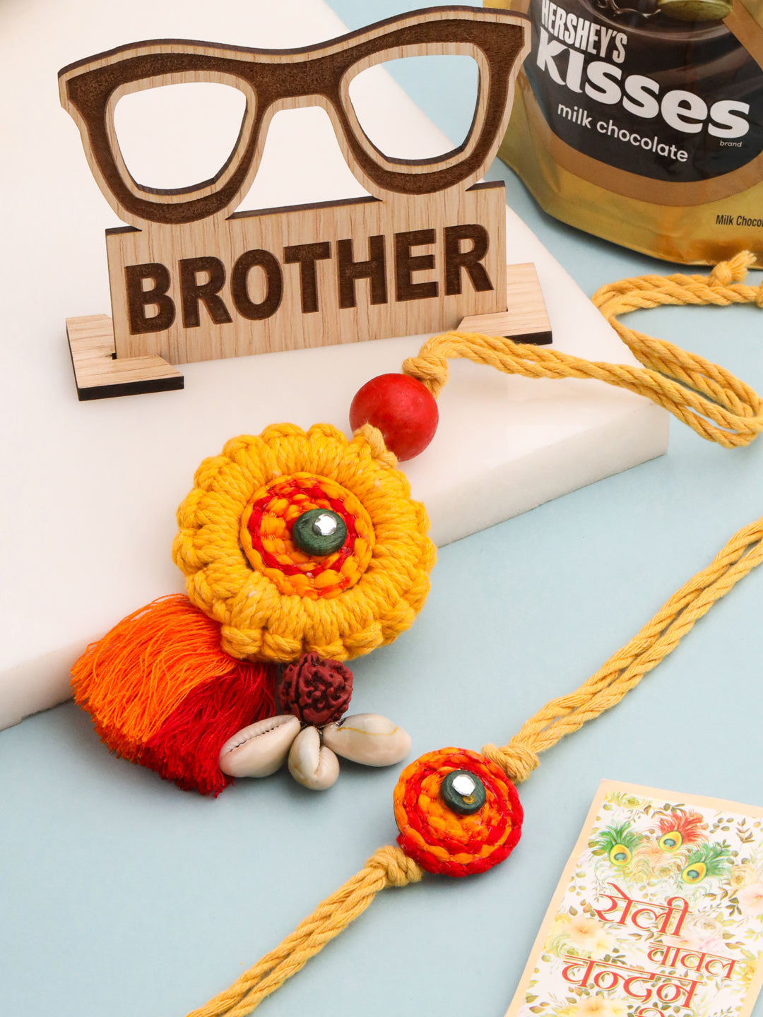 NVR Set of 2 Yellow Sea Shell Round Floral Design Bhaiya Bhabhi Rakhi Combo | Swadesiicart