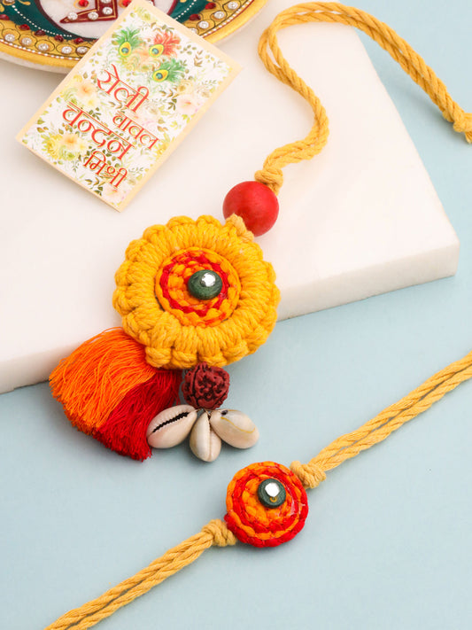 NVR Set of 2 Yellow Sea Shell Round Floral Design Bhaiya Bhabhi Rakhi with Roli Chawal Chandan & Mishri | Swadesiicart