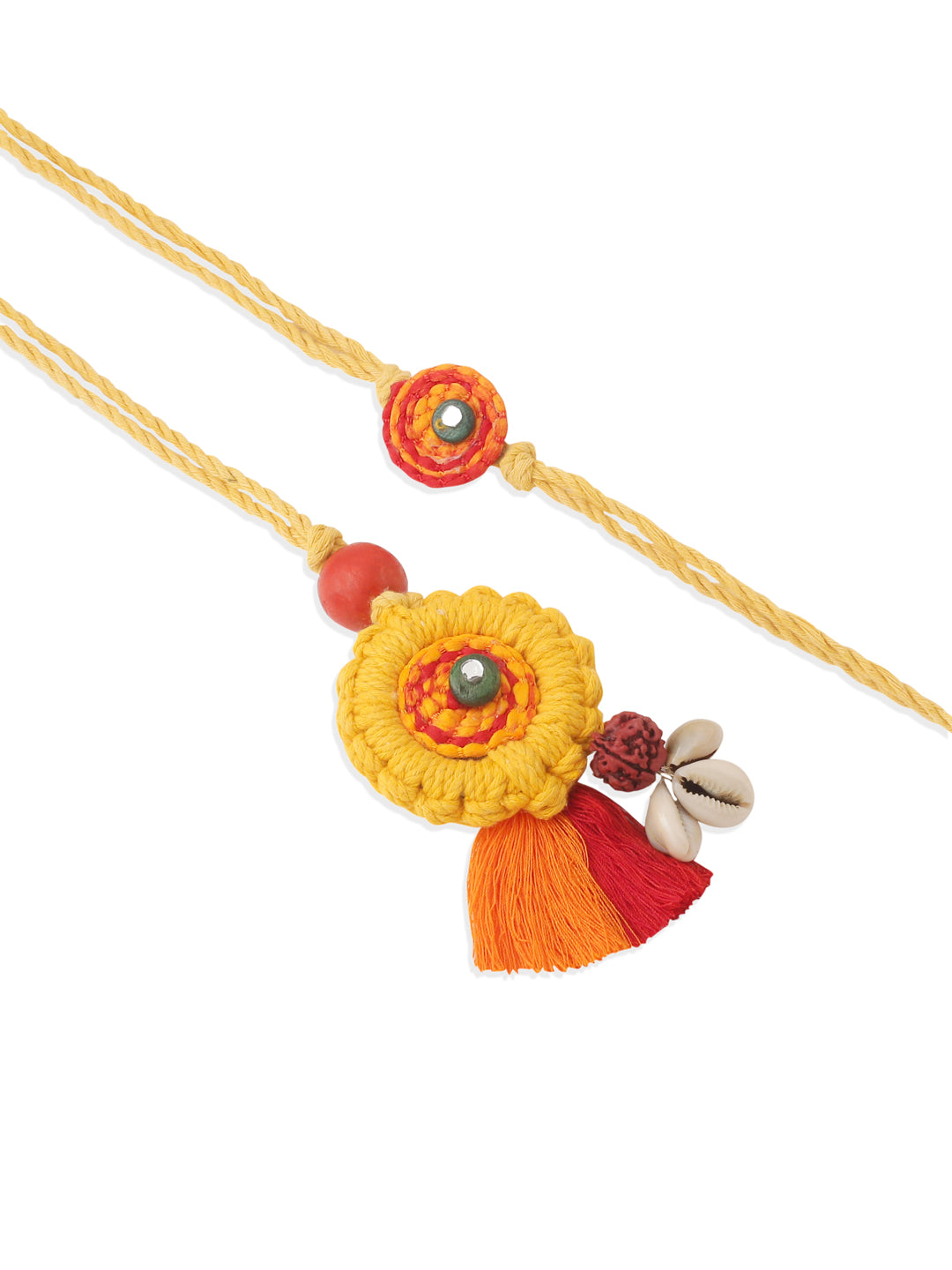 NVR Set of 2 Yellow Sea Shell Round Floral Design Bhaiya Bhabhi Rakhi with Roli Chawal Chandan & Mishri | Swadesiicart