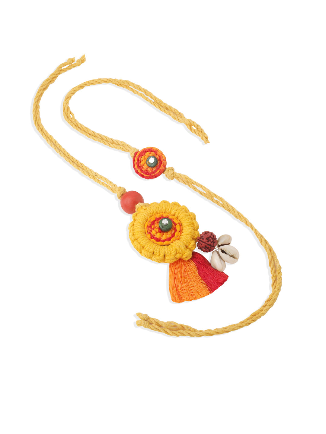 NVR Set of 2 Yellow Sea Shell Round Floral Design Bhaiya Bhabhi Rakhi with Roli Chawal Chandan & Mishri | Swadesiicart