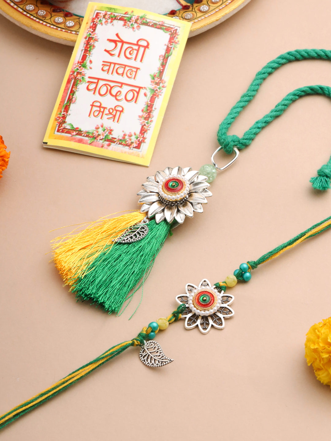 NVR Set of 2 Green Pearls Bhaiya Bhabhi Thread Rakhi with Roli Chawal Chandan & Mishri - Swadesiicart