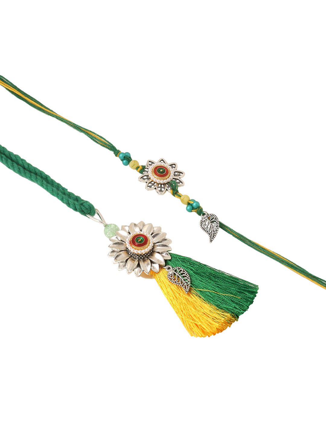 NVR Set of 2 Green Pearls Bhaiya Bhabhi Thread Rakhi with Roli Chawal Chandan & Mishri - Swadesiicart