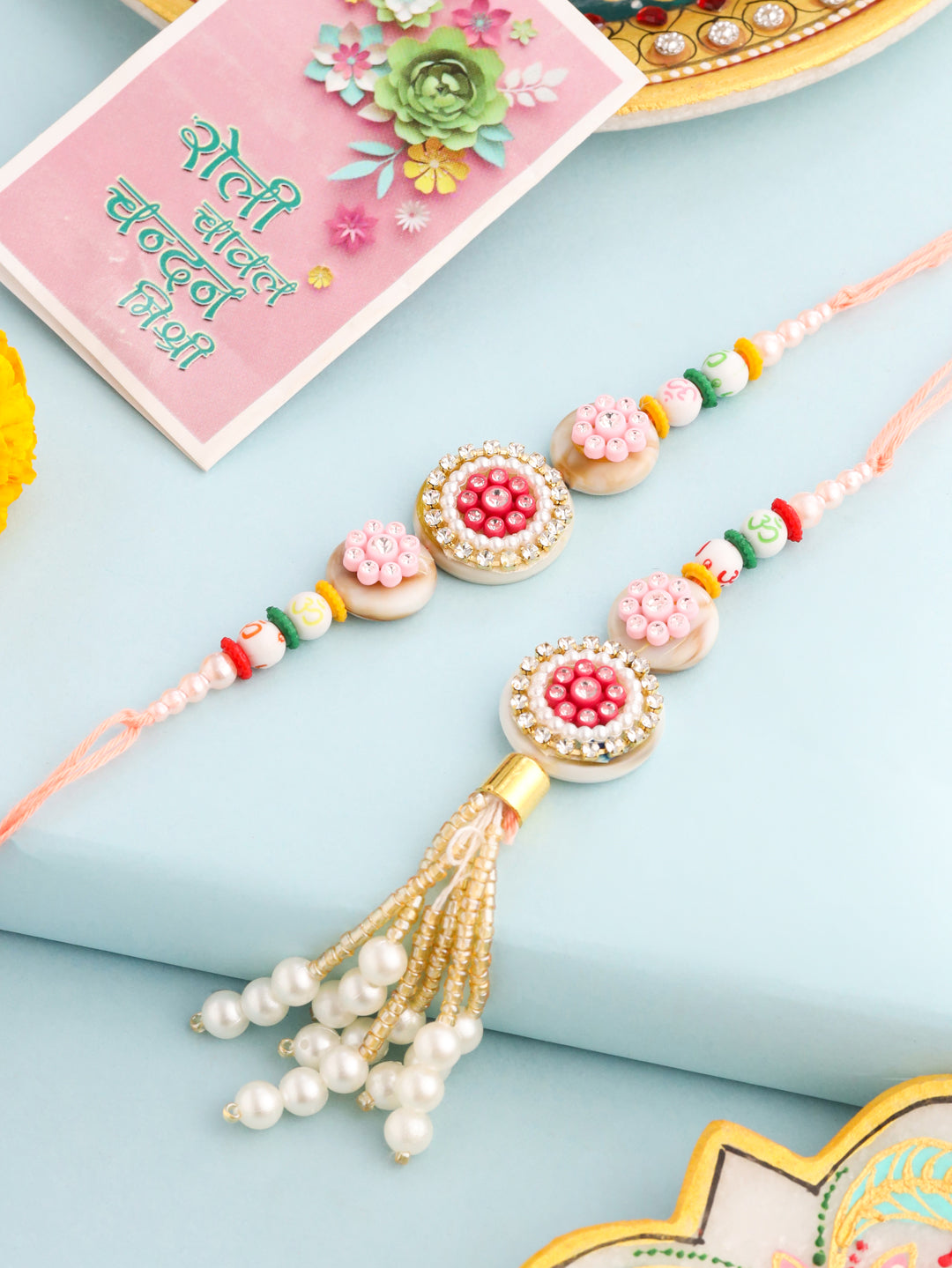 NVR Set of 2 Multicolor Artificial Stones & Beads Round Floral Bhaiya Bhabhi Rakhi with Roli Chawal Chandan & Mishri | Swadesiicart