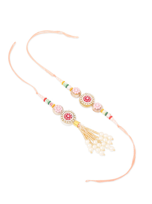 NVR Set of 2 Multicolor Artificial Stones & Beads Round Floral Bhaiya Bhabhi Rakhi with Roli Chawal Chandan & Mishri | Swadesiicart