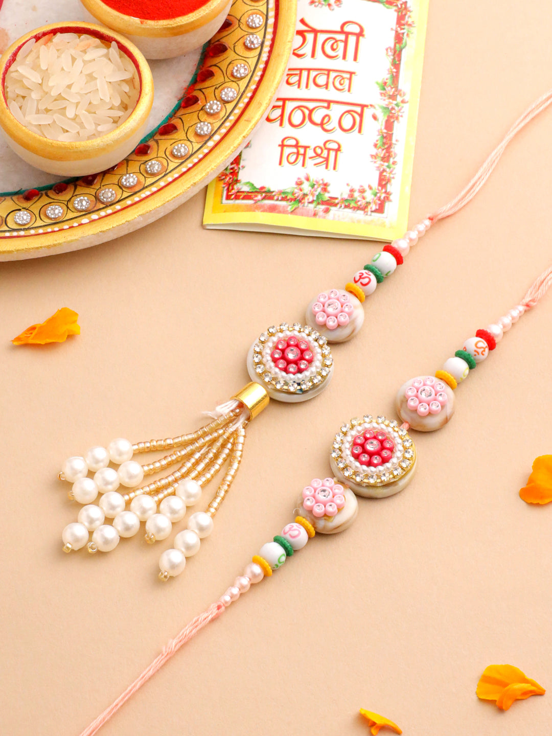 NVR Set of 2 Multicolor Artificial Stones & Beads Round Floral Bhaiya Bhabhi Rakhi with Roli Chawal Chandan & Mishri | Swadesiicart