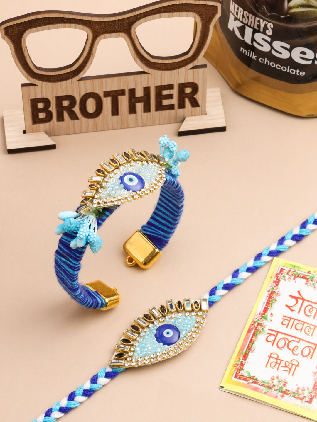 NVR Set of 2 Blue Evil Eye & Kundan Studded Handcrafted Bhaiya Bhabhi Rakhi Combo | Swadesiicart